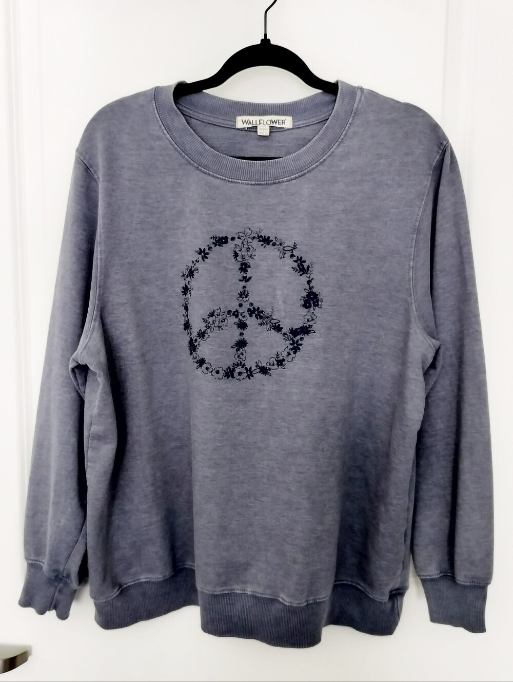 WallFlower Women's XL Acid Wash Floral Peace Sign Crewneck Sweatshirt